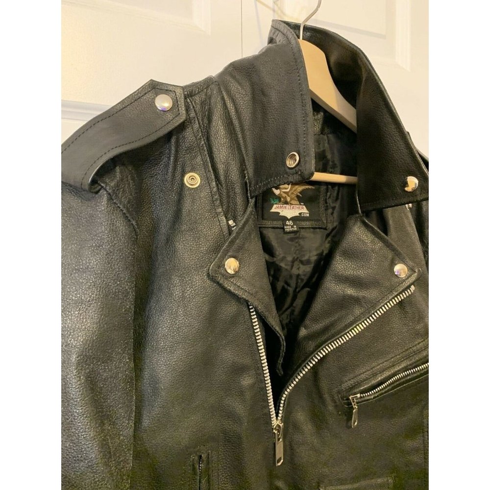 Jamin Leather‎ Motorcycle Black Jacket Sz 46 w/Belt HEAVY Biker